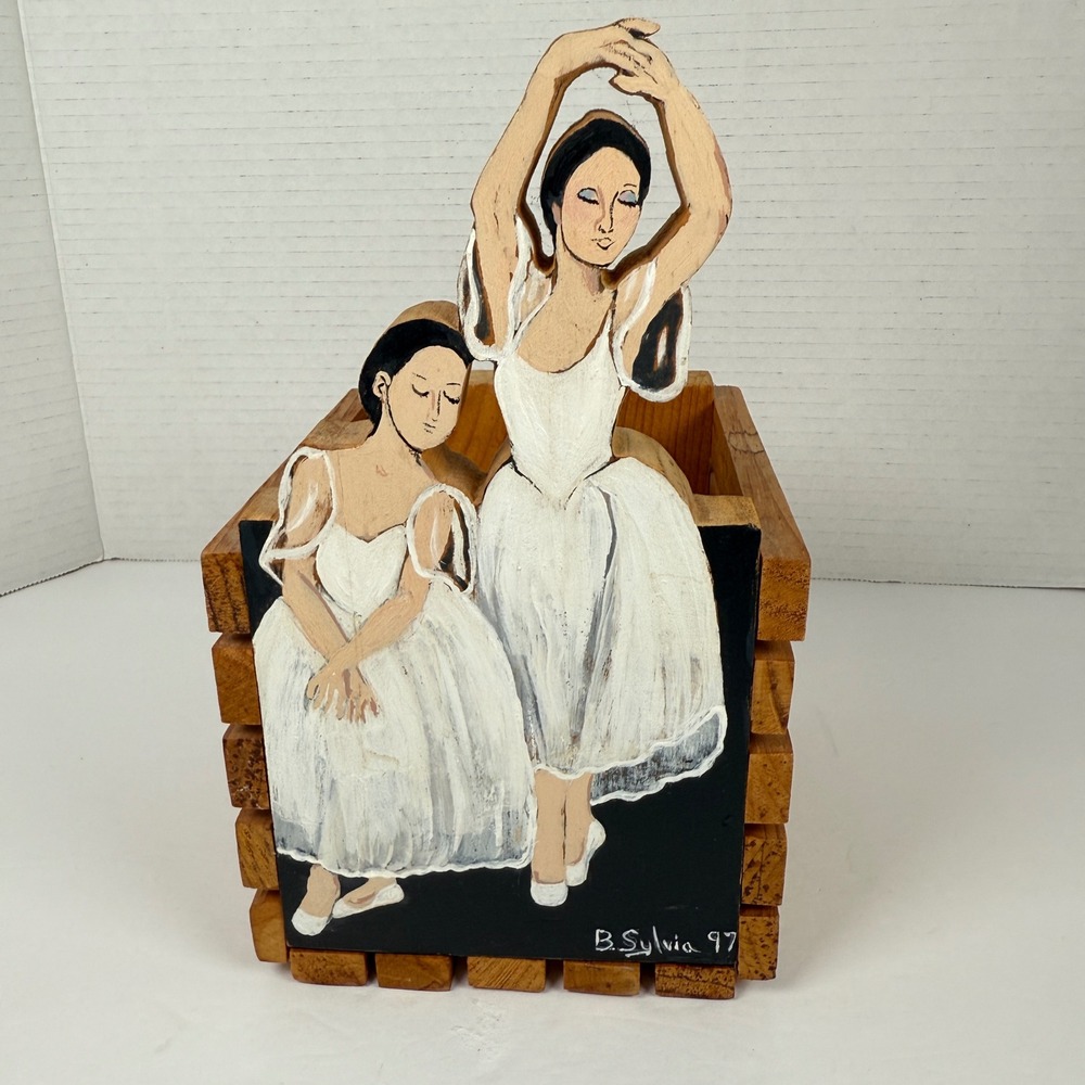 Vintage hand painted ballerinas B. Sylvia Wooden Crate caddy box Planter 1997